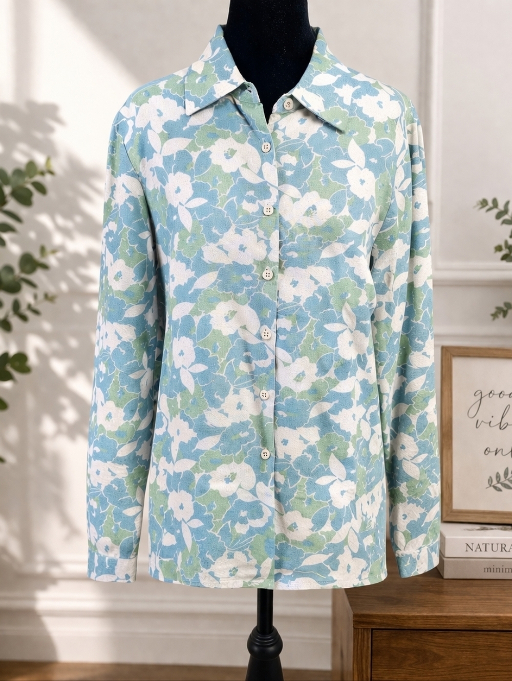 Vintage Pendleton Linen Floral Button Up Shirt Womens Medium Blue Green